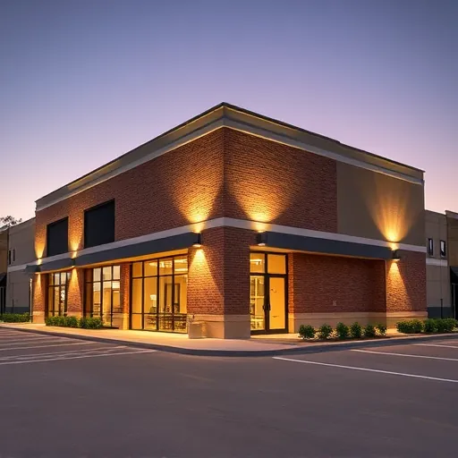 Finished commercial building lighting with LED fixtures illuminating brick façade and glass windows at dusk in White Settlement TX