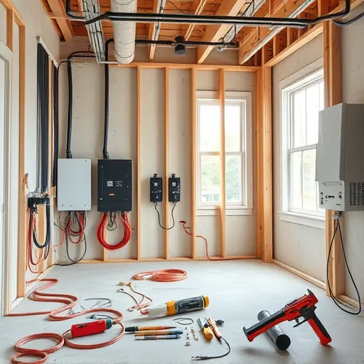 Neatly organized electrical wiring with copper conduits and panels in a Fort Worth home renovation setting