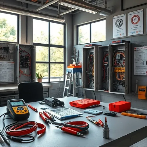 Clean electrician workspace in Fort Worth with organized tools, open electrical panels, wiring, and natural daylight