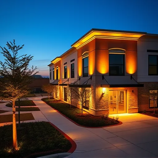 Professionally installed modern LED outdoor lighting illuminating a building, landscape, and pathway in Lake Worth Texas at dusk