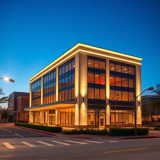 Professionally completed lighting installation in Fort Worth TX showcasing a modern building with elegant exterior illumination.