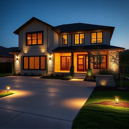 Well-lit modern Mansfield Texas home with outdoor LED fixtures illuminating driveway porch and landscaped yard at dusk
