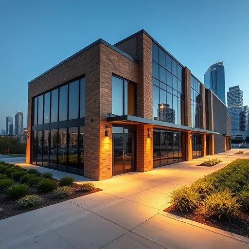 Modern Fort Worth commercial building with integrated warm lighting, sleek architecture, landscaped surroundings, and city skyline backdrop