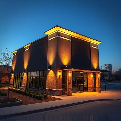 Completed modern building lighting installation in Denton TX with warm LED illumination highlighting architecture
