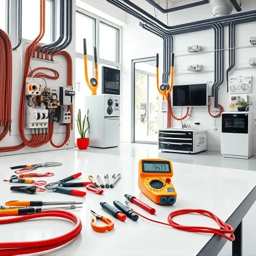 Modern electrical installation in Grand Prairie TX with organized panels, tools, and smart home devices in a sleek workshop.