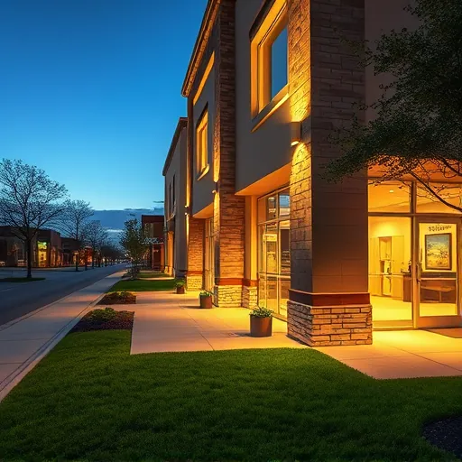 Lighting installation on a modern commercial building in Justin TX with warm exterior lights, detailed façade, and landscaped sidewalk