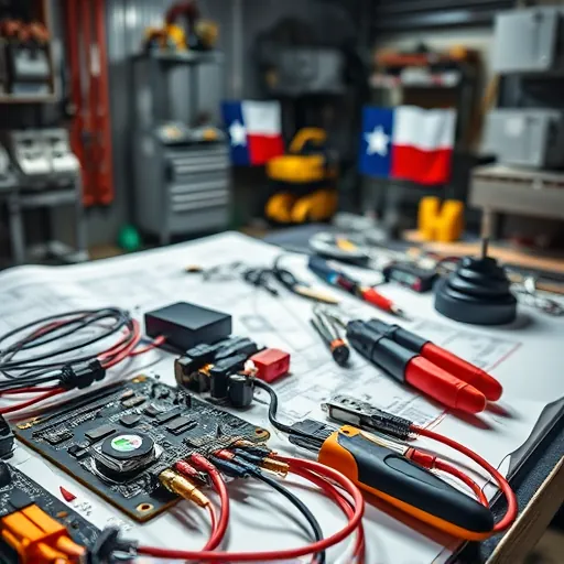 Detailed scene of electrical troubleshooting in Fort Worth TX showing circuit boards wires diagnostic tools and Texas-themed decor in a clean professional workshop