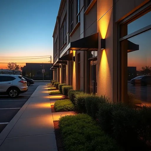 Lighting installation on a modern commercial building in Arlington TX, highlighting architecture with warm twilight illumination.