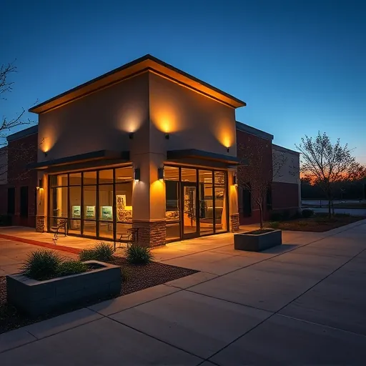 Freshly installed modern LED outdoor lighting illuminating a Bedford TX commercial storefront at twilight with landscaped surroundings and glass detail