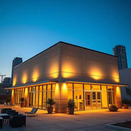 Meticulously designed lighting installation in Fort Worth TX, illuminating a modern building at dusk with inviting details.
