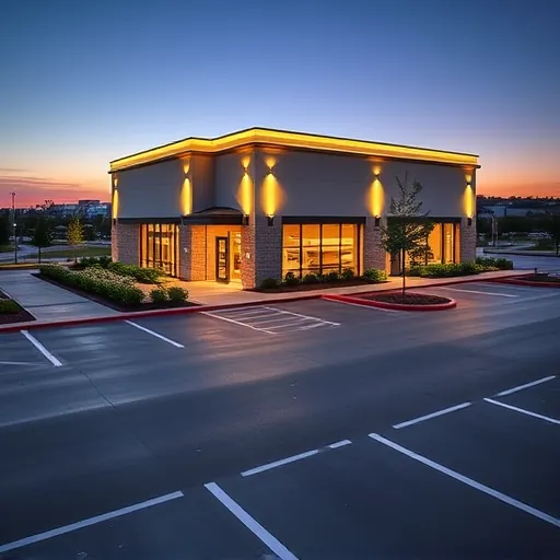Finished modern commercial building exterior lighting in Keller Texas with LED fixtures illuminating facade and landscape during twilight