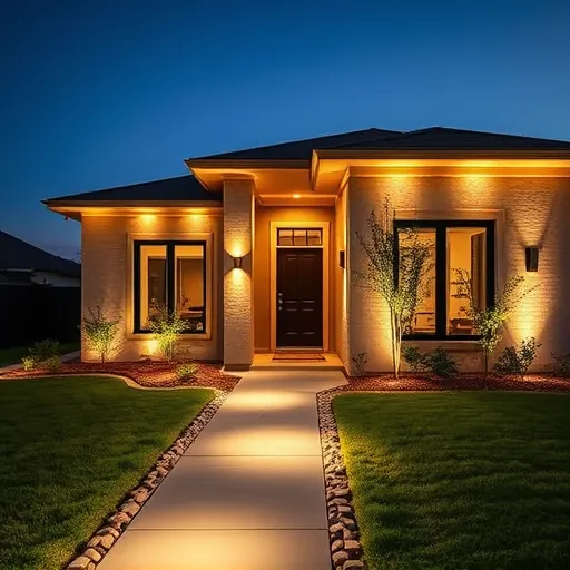 Modern home exterior in Azle TX illuminated at dusk with LED lighting highlighting architecture and landscaped yard