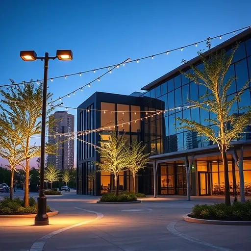 Completed LED lighting installation in Fort Worth TX, showcasing modern fixtures and inviting ambiance in outdoor plaza.