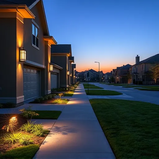 Recently installed outdoor lighting on modern homes in Kennedale TX highlighting warm pathway, sconce, and ground lights under twilight