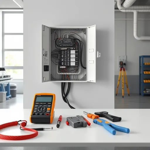Modern electrical installation in Euless TX with organized panel, tools on a clean workbench, and bright workshop setting.
