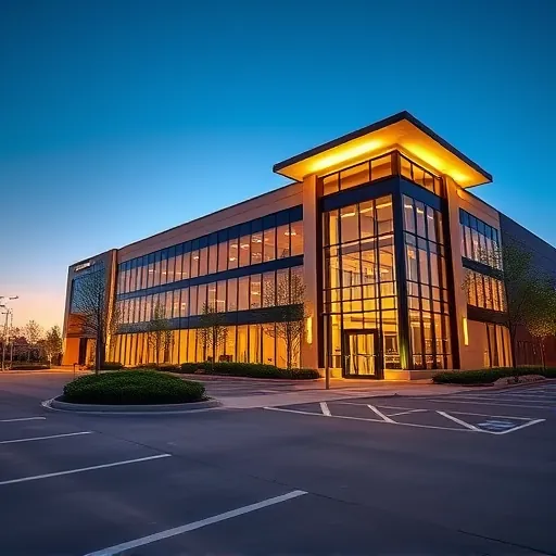 Completed LED lighting installation illuminates modern Irving TX commercial building at twilight with warm glow and reflective glass.