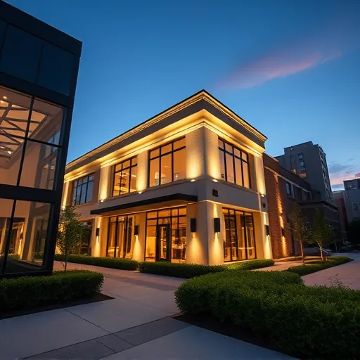 Completed lighting installation in Fort Worth, TX, showcasing custom LED fixtures illuminating modern building facade.