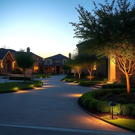 Illuminated Highland Village TX driveway with LED lights highlighting greenery, trees, and suburban street at dusk