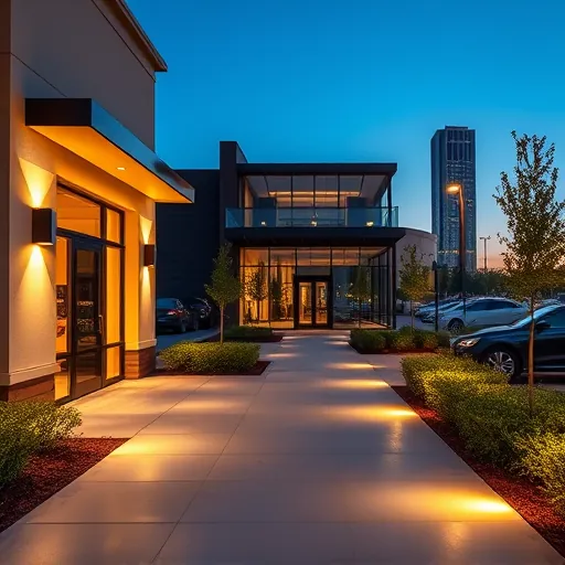 Completed modern outdoor lighting installation in Bedford Texas with energy-efficient LED fixtures illuminating a commercial building and landscape at dusk