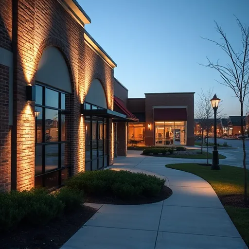 Outdoor lighting installation at a modern commercial building in Joshua TX, highlighting brickwork and landscaped grounds.