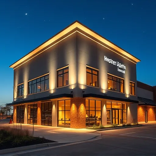 Commercial lighting installation in Grapevine TX showcases modern facade illuminated by warm, inviting exterior fixtures.