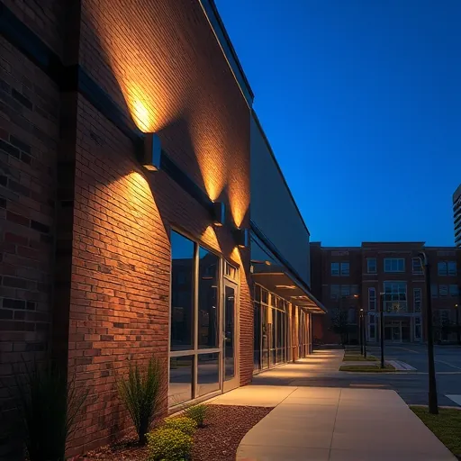 Lighting installation on modern building facade in Kennedale TX highlighting textured brick walls and warm LED glow at dusk