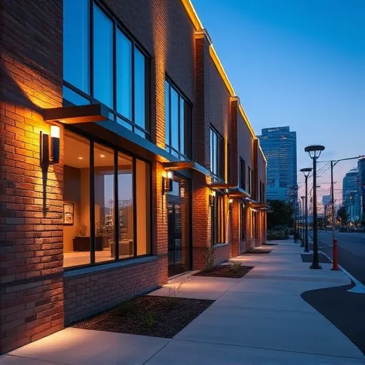 Modern building facade in Fort Worth illuminated by LED lights highlighting architectural details and surrounding landscaping.