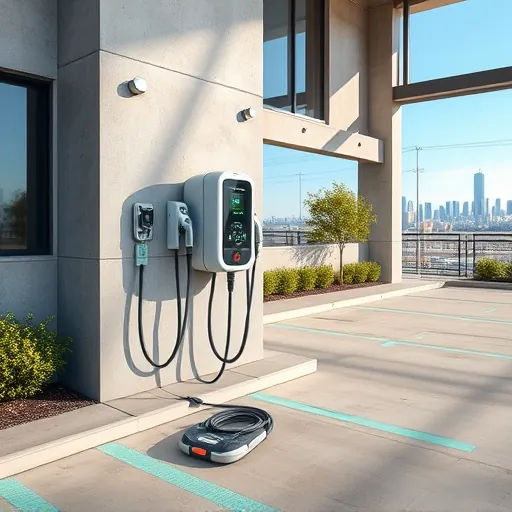 Freshly installed EV charger in Fort Worth TX with organized wiring on a concrete wall amid outdoor parking and Texas landscape