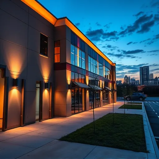 Completed exterior lighting installation on modern Fort Worth commercial building at dusk highlighting architecture and landscape