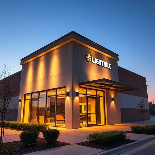 Lighting installation on modern commercial storefront in Colleyville TX with LED fixtures illuminating a stylish facade at dusk