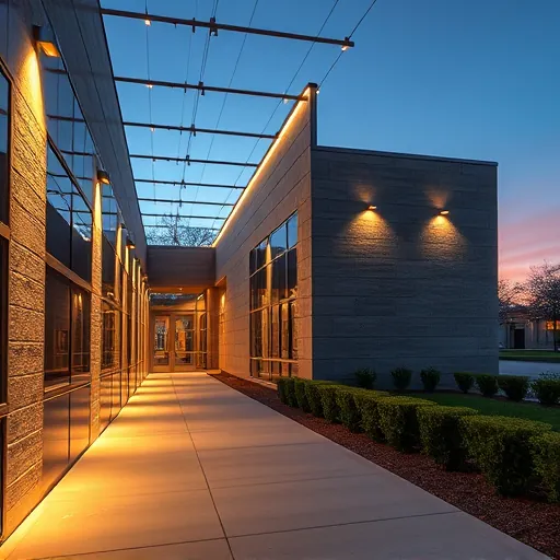 Completed lighting installation in Fort Worth TX, showcasing LED fixtures illuminating a modern commercial building at dusk.