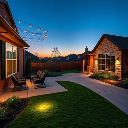 Illuminated Aledo TX backyard with modern patio, string lights, landscape lighting, and a stylish house at dusk