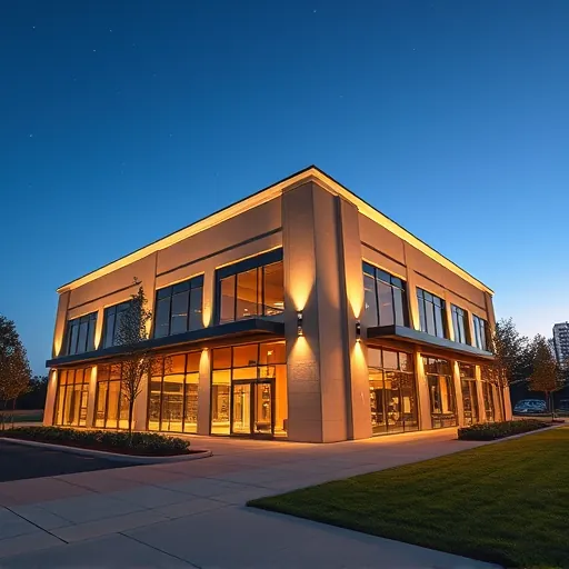 Completed custom outdoor lighting on modern commercial building in Fort Worth TX with warm illuminating fixtures.
