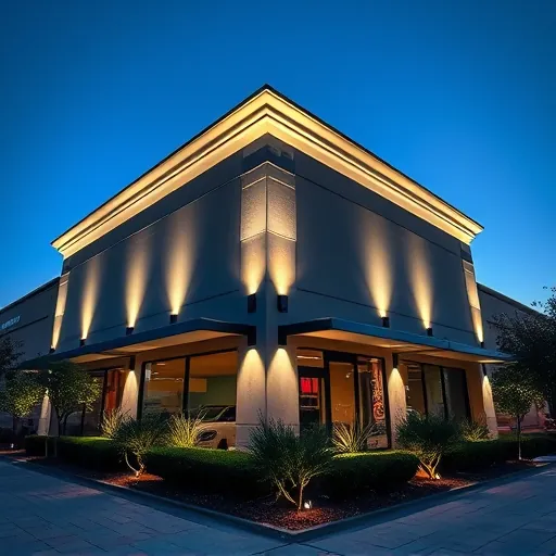Modern commercial building exterior in Irving TX illuminated by energy-efficient LED lighting, highlighting architectural details and landscaping.