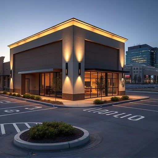 Modern Irving TX commercial building illuminated by warm LED lighting highlighting architecture with landscaped surroundings and sleek parking lot