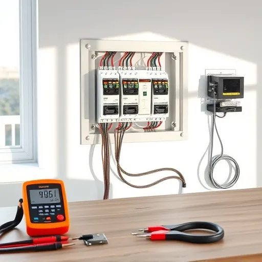 Modern electrical installation in Westlake TX featuring sleek panel, organized breakers, and professional tools on a workbench.