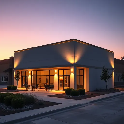 Completed LED lighting installation on sleek commercial building exterior in Denton TX during twilight with landscaped yard and evening sky