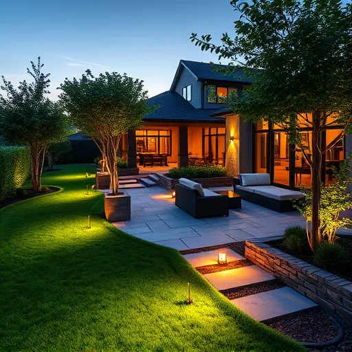 Recently completed outdoor lighting installation in Flower Mound TX illuminating a landscaped backyard at dusk with modern fixtures and inviting ambiance