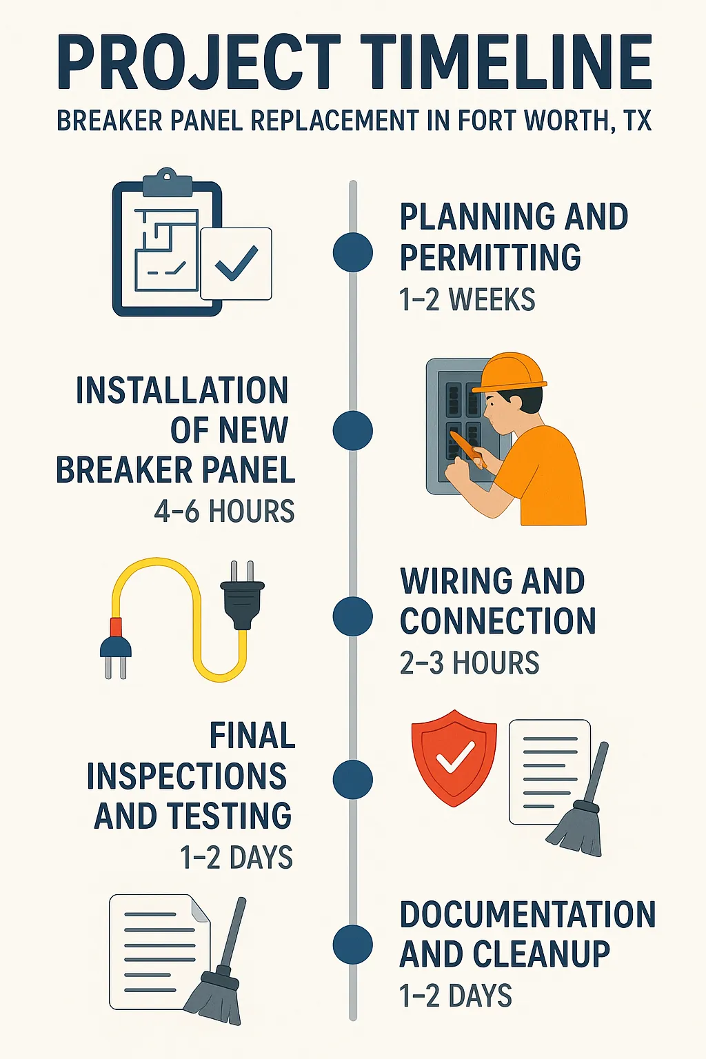 Infographic showing a five-step timeline for breaker panel replacement: planning, installation, wiring, inspections, cleanup.