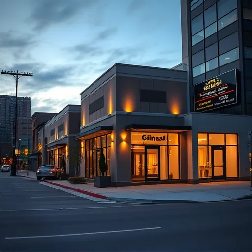 Fresh lighting installation in Fort Worth TX with modern fixtures illuminating a sleek commercial building at dusk.