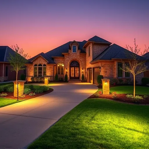 Outdoor lighting in Colleyville TX illuminating a driveway with warm glows amidst lush landscaping and a clear evening sky.
