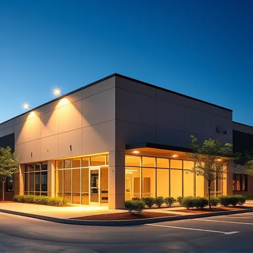 Recently completed modern commercial accent lighting in Fort Worth TX highlighting LED fixtures illuminating brick walls and glass windows at dusk