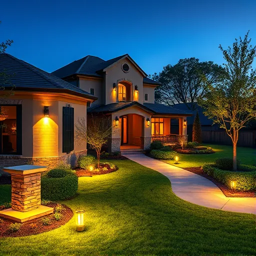 Meticulously lit modern house in Blue Mound TX with outdoor fixtures highlighting architecture, landscaping, and warm evening glow