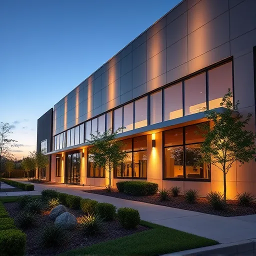 Lighting installation on modern commercial building in Grapevine TX highlighting LED fixtures, architectural details, and landscaped exterior.