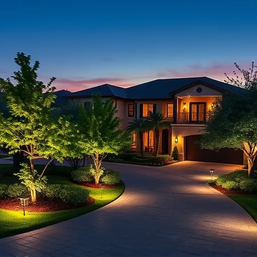 Modern outdoor lighting on a upscale Westlake TX home at dusk highlighting landscape greenery and architecture