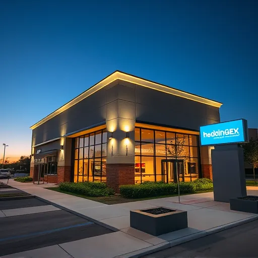 Completed LED lighting installation on a modern commercial building in Haltom City TX with warm glow and landscaped surroundings at dusk