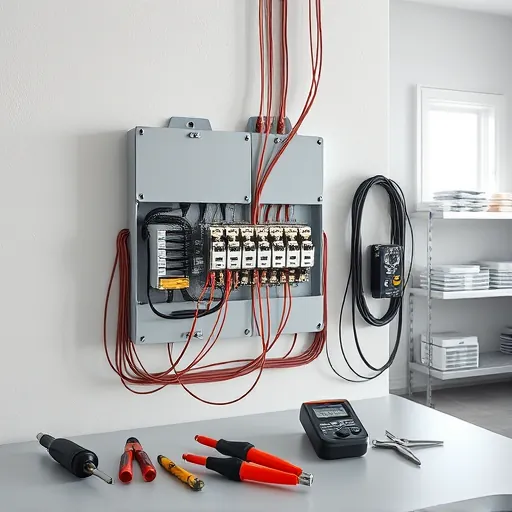 Neatly arranged electrical panel in Haltom City with labeled circuits, organized tools, and a clean utility room setting.