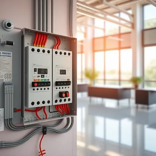 Close-up of an organized electrical panel in Haslet TX with neat wiring, modern fixtures, and a bright commercial setting.