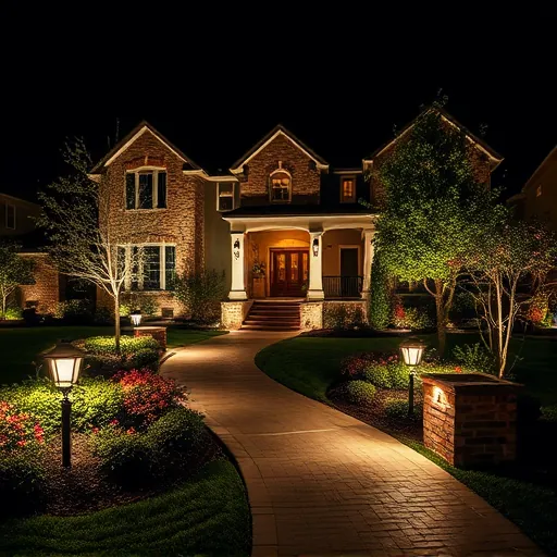 Landscaped Fort Worth yard at dusk with pathway, porch, garden, water feature lighting highlighting outdoor design