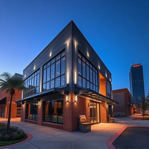 Professional lighting installation in Fort Worth TX enhancing a modern building with LED lights against a dusk sky.